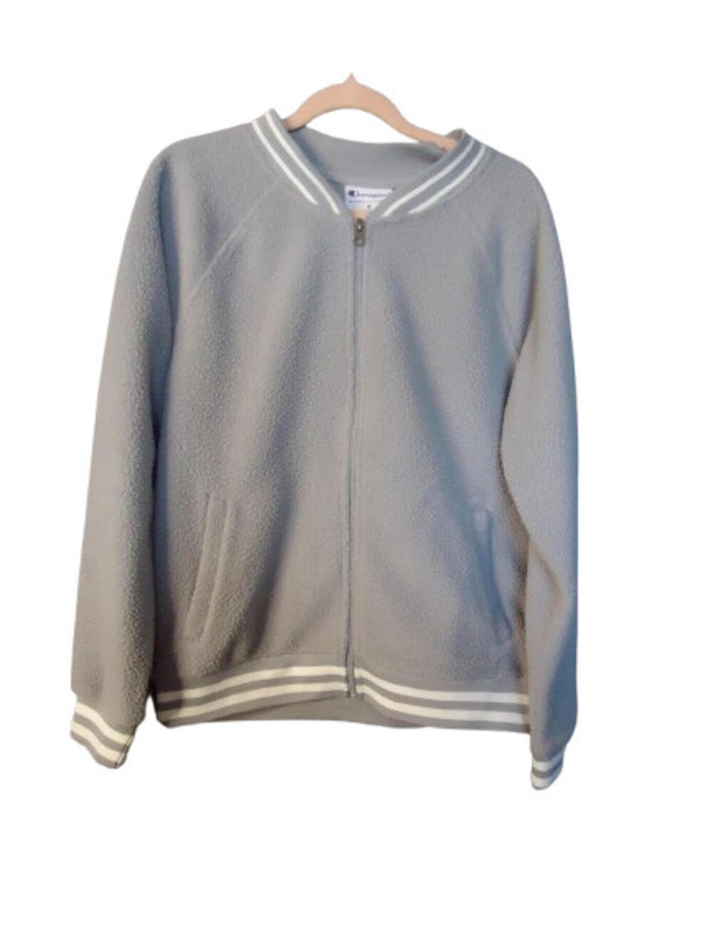 Champion Gray Sherpa Fuzzy Zip Up Women’s Size Medium Bomber Jacket Varsity